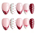 Handmade Almond Press On Nails, Pink Nude Red French Tip with Polka Dots & Red Bow, Cute Reusable False Nails\10PCS