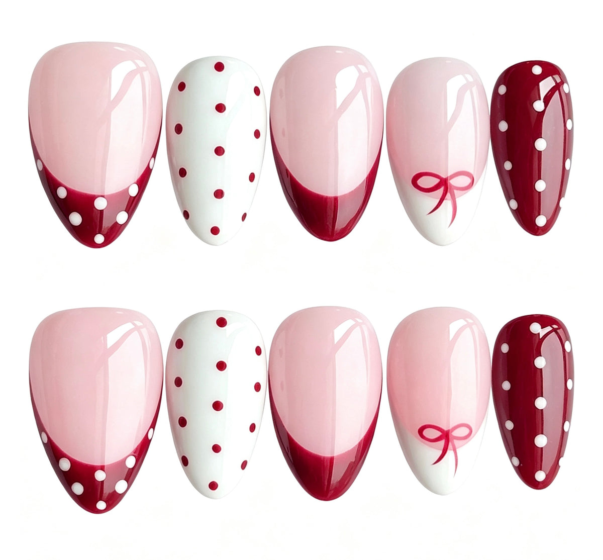 Handmade Almond Press On Nails, Pink Nude Red French Tip with Polka Dots & Red Bow, Cute Reusable False Nails\10PCS