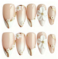 Elegant Nude Press on Nails Almond Shape, 3D White Camellia Flower Gold Swirl Line Reusable False Nails\10PCS