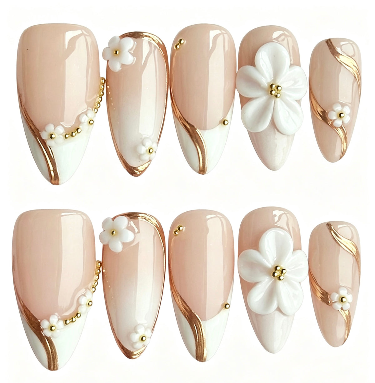 Elegant Nude Press on Nails Almond Shape, 3D White Camellia Flower Gold Swirl Line Reusable False Nails\10PCS