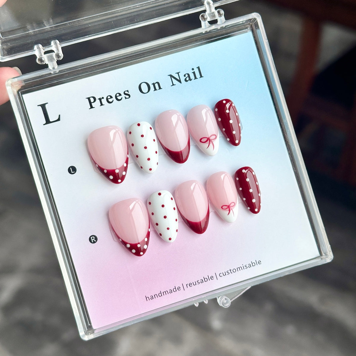 Handmade Almond Press On Nails, Pink Nude Red French Tip with Polka Dots & Red Bow, Cute Reusable False Nails\10PCS