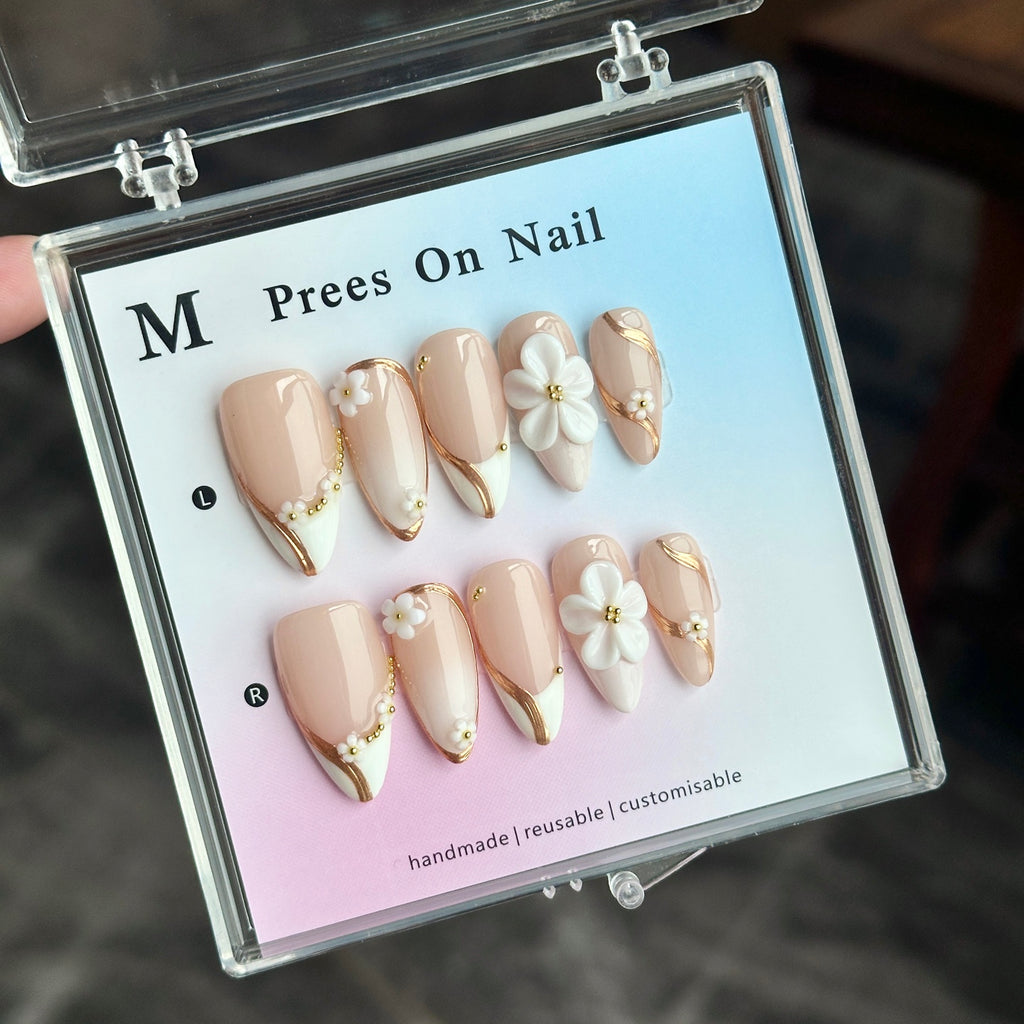 Elegant Nude Press on Nails Almond Shape, 3D White Camellia Flower Gold Swirl Line Reusable False Nails\10PCS