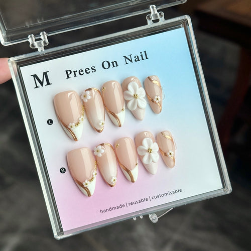 Elegant Nude Press on Nails Almond Shape, 3D White Camellia Flower Gold Swirl Line Reusable False Nails\10PCS