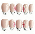 Handmade Almond Press On Nails, Nude Base White French Tip with Black Polka Dots & 3D Pink Flower, Elegant Reusable False Nails\10PCS