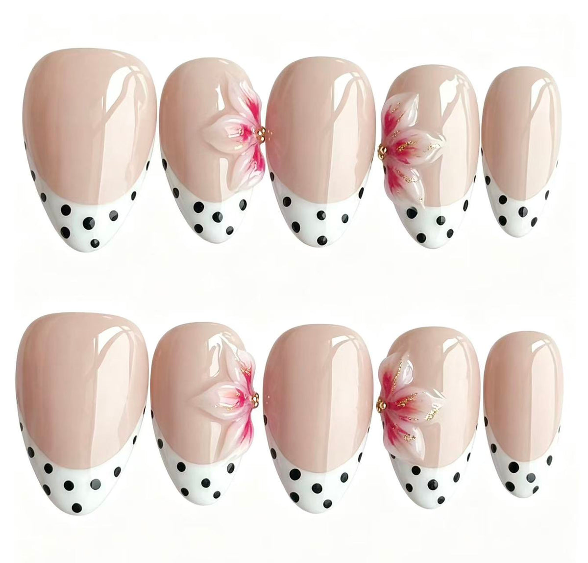 Handmade Almond Press On Nails, Nude Base White French Tip with Black Polka Dots & 3D Pink Flower, Elegant Reusable False Nails\10PCS