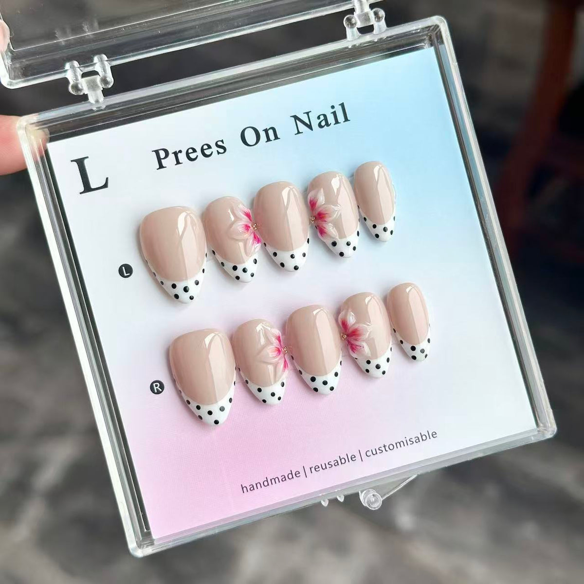 Handmade Almond Press On Nails, Nude Base White French Tip with Black Polka Dots & 3D Pink Flower, Elegant Reusable False Nails\10PCS