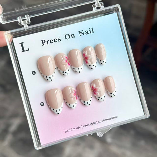 Handmade Almond Press On Nails, Nude Base White French Tip with Black Polka Dots & 3D Pink Flower, Elegant Reusable False Nails\10PCS