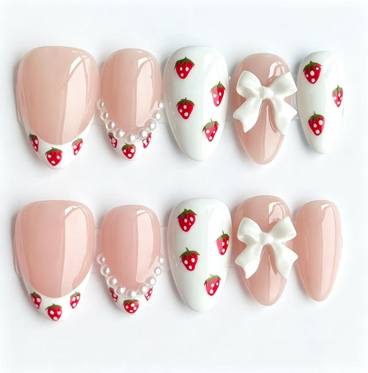 Handmade Almond Press On Nails, Nude Pink with Strawberry Print, 3D White Bow & Pearl Chain, Cute Reusable False Nails\10PCS