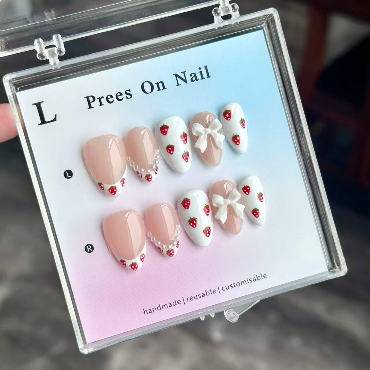 Handmade Almond Press On Nails, Nude Pink with Strawberry Print, 3D White Bow & Pearl Chain, Cute Reusable False Nails\10PCS