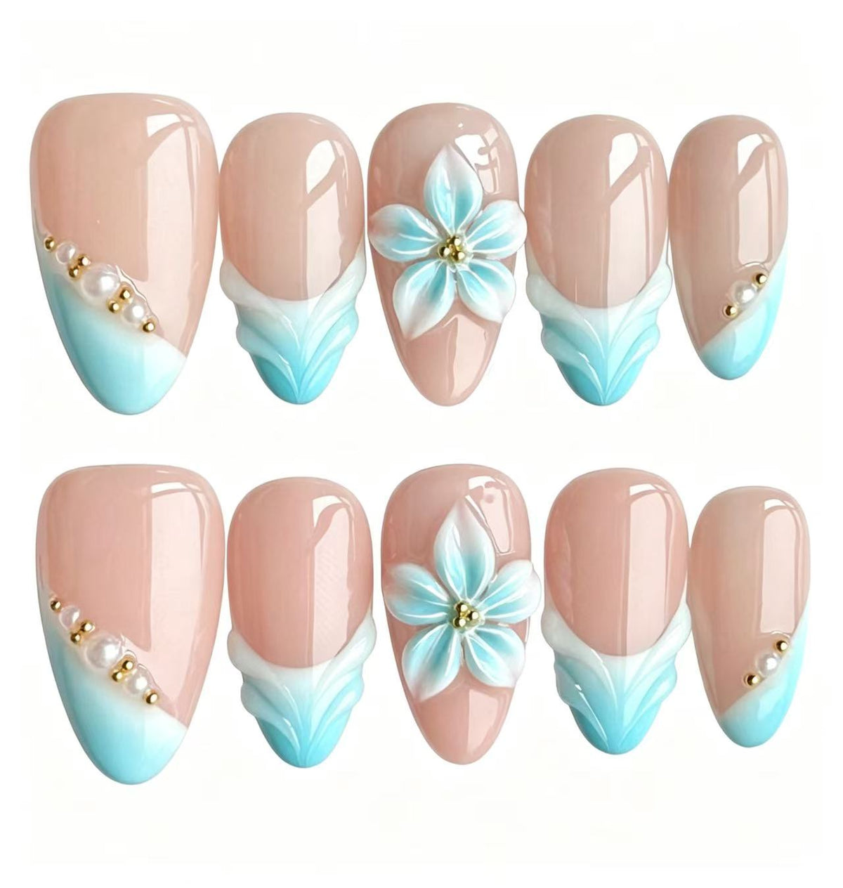 Handmade Almond Press On Nails, Nude Base Cyan Blue Gradient French Tip, 3D Blue Flower with Pearl & Gold Bead Decor, Elegant Reusable False Nails\10PCS