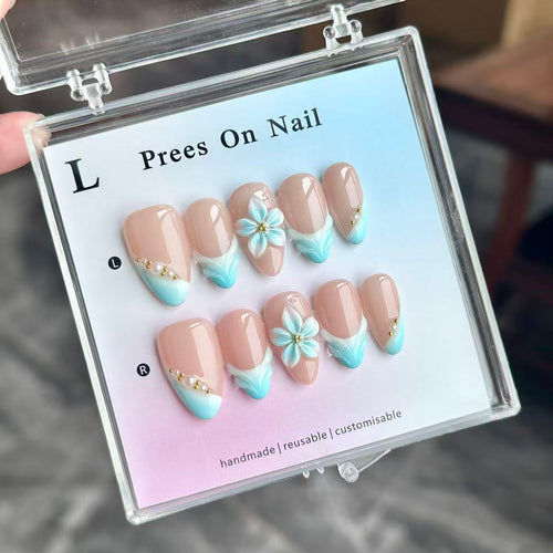 Handmade Almond Press On Nails, Nude Base Cyan Blue Gradient French Tip, 3D Blue Flower with Pearl & Gold Bead Decor, Elegant Reusable False Nails\10PCS
