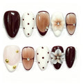 Vintage Coffee Burgundy Almond Fake Nails, Polka Dot & Ombre Tips, 3D Floral Rhinestone Press-on Nails for Party Daily Wear\10PCS