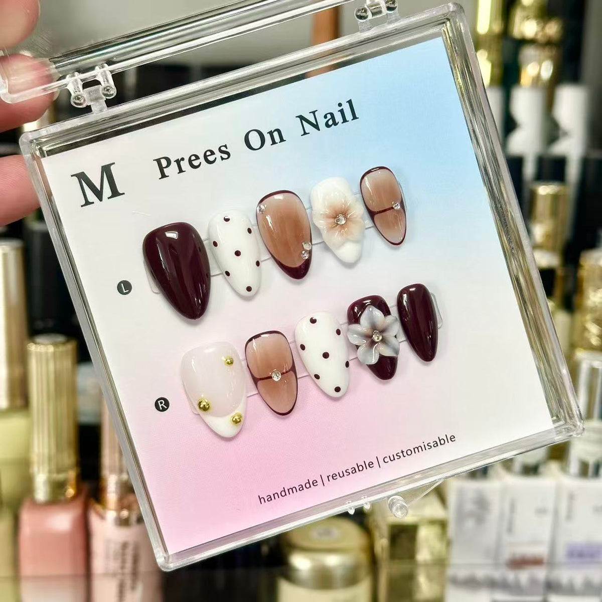 Vintage Coffee Burgundy Almond Fake Nails, Polka Dot & Ombre Tips, 3D Floral Rhinestone Press-on Nails for Party Daily Wear\10PCS