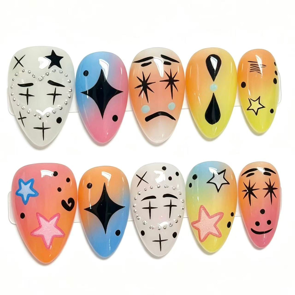 Y2K Clown Press On Nails, Rainbow Ombre Almond Nails, Cute Cartoon Face Star Design Handmade Reusable False Nails for Women\10PCS