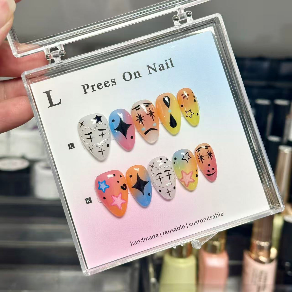 Y2K Clown Press On Nails, Rainbow Ombre Almond Nails, Cute Cartoon Face Star Design Handmade Reusable False Nails for Women\10PCS