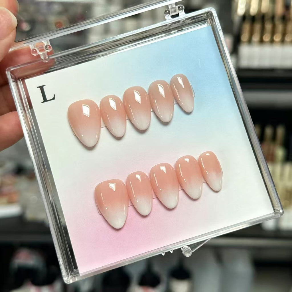 Handmade Nude Ombre Press On Nails, Almond Shape Gradient Fake Nails, Natural White Tip Reusable Glue On False Nails for Daily\10PCS