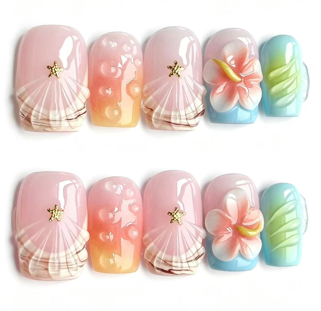 Handmade Beach Press On Nails, 3D Plumeria Flower & Seashell Square Fake Nails, Gradient Summer Reusable Glue On False Nails for Vacation\10PCS