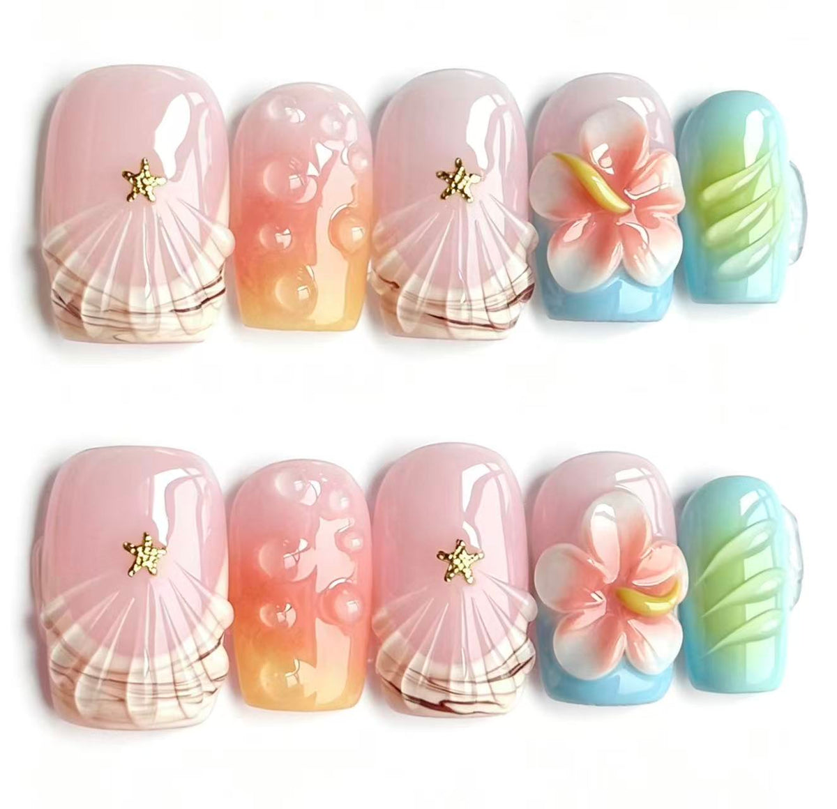 Handmade Beach Press On Nails, 3D Plumeria Flower & Seashell Square Fake Nails, Gradient Summer Reusable Glue On False Nails for Vacation\10PCS