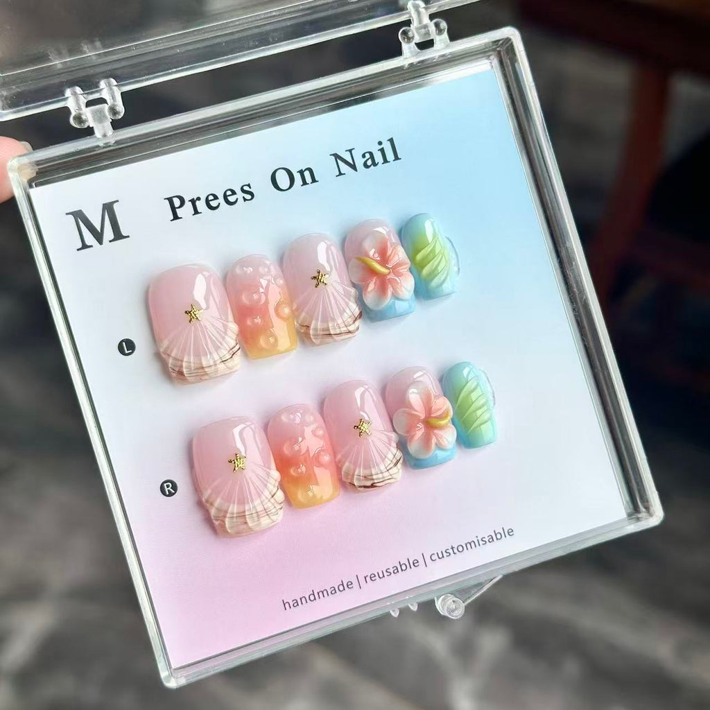 Handmade Beach Press On Nails, 3D Plumeria Flower & Seashell Square Fake Nails, Gradient Summer Reusable Glue On False Nails for Vacation\10PCS