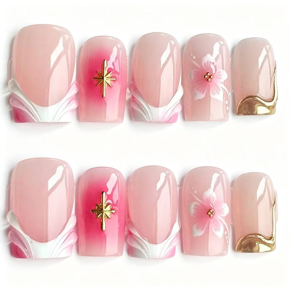 Handmade Pink Ombre Press On Nails, 3D Sakura Flower & Gold Star Charm Square Fake Nails, White Ribbon Design Reusable Glue On False Nails\10PCS