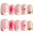 Handmade Pink Ombre Press On Nails, 3D Sakura Flower & Gold Star Charm Square Fake Nails, White Ribbon Design Reusable Glue On False Nails\10PCS