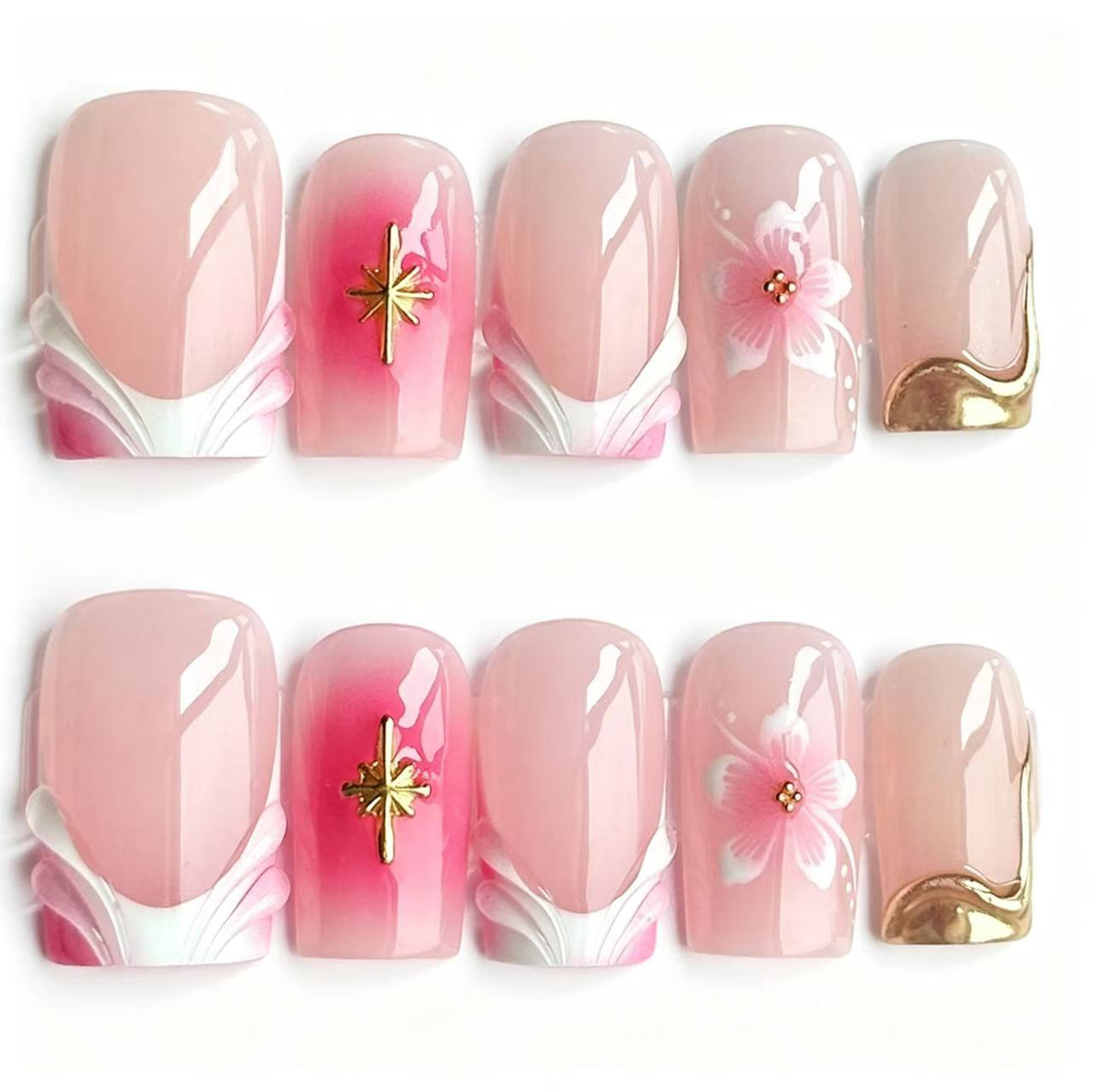 Handmade Pink Ombre Press On Nails, 3D Sakura Flower & Gold Star Charm Square Fake Nails, White Ribbon Design Reusable Glue On False Nails\10PCS
