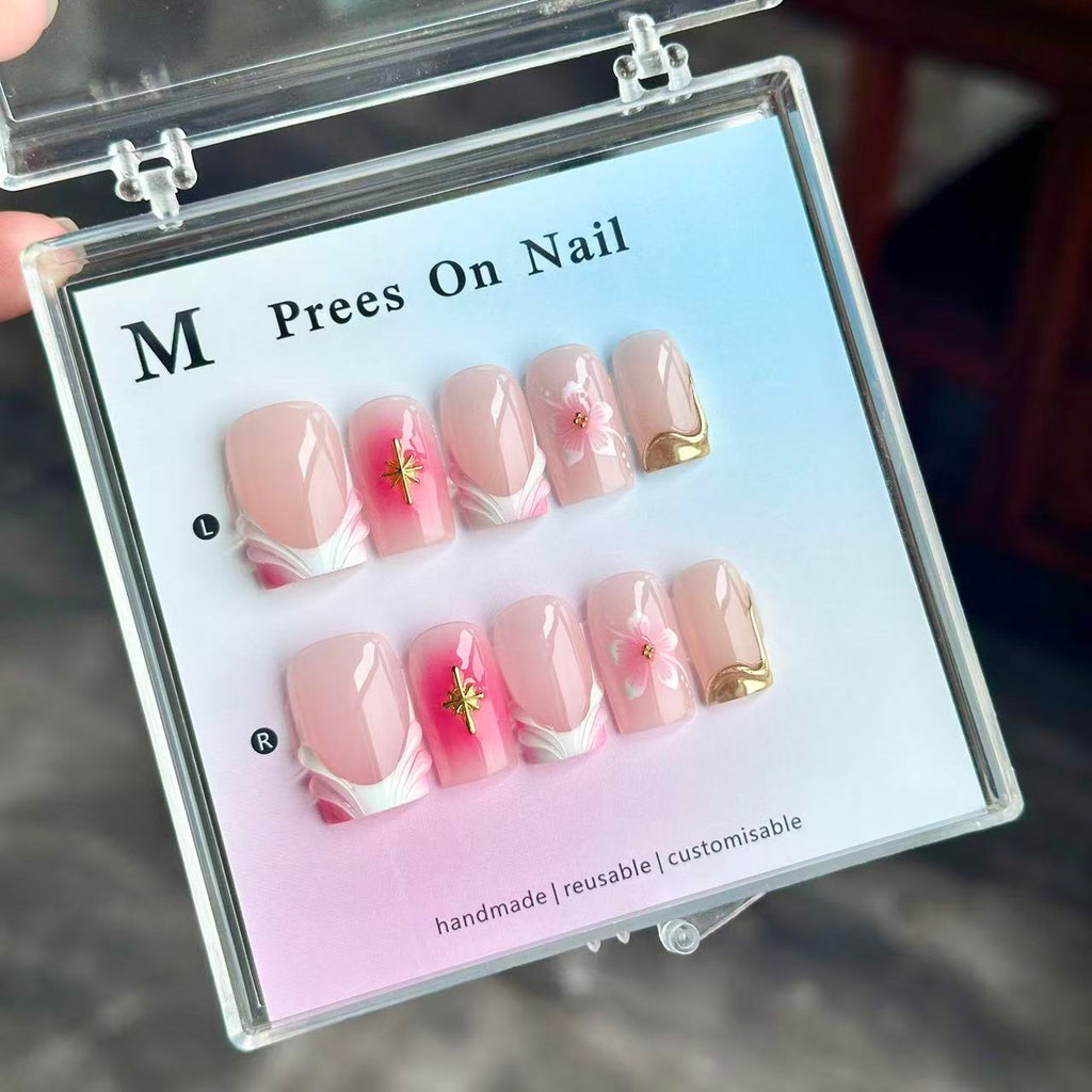 Handmade Pink Ombre Press On Nails, 3D Sakura Flower & Gold Star Charm Square Fake Nails, White Ribbon Design Reusable Glue On False Nails\10PCS