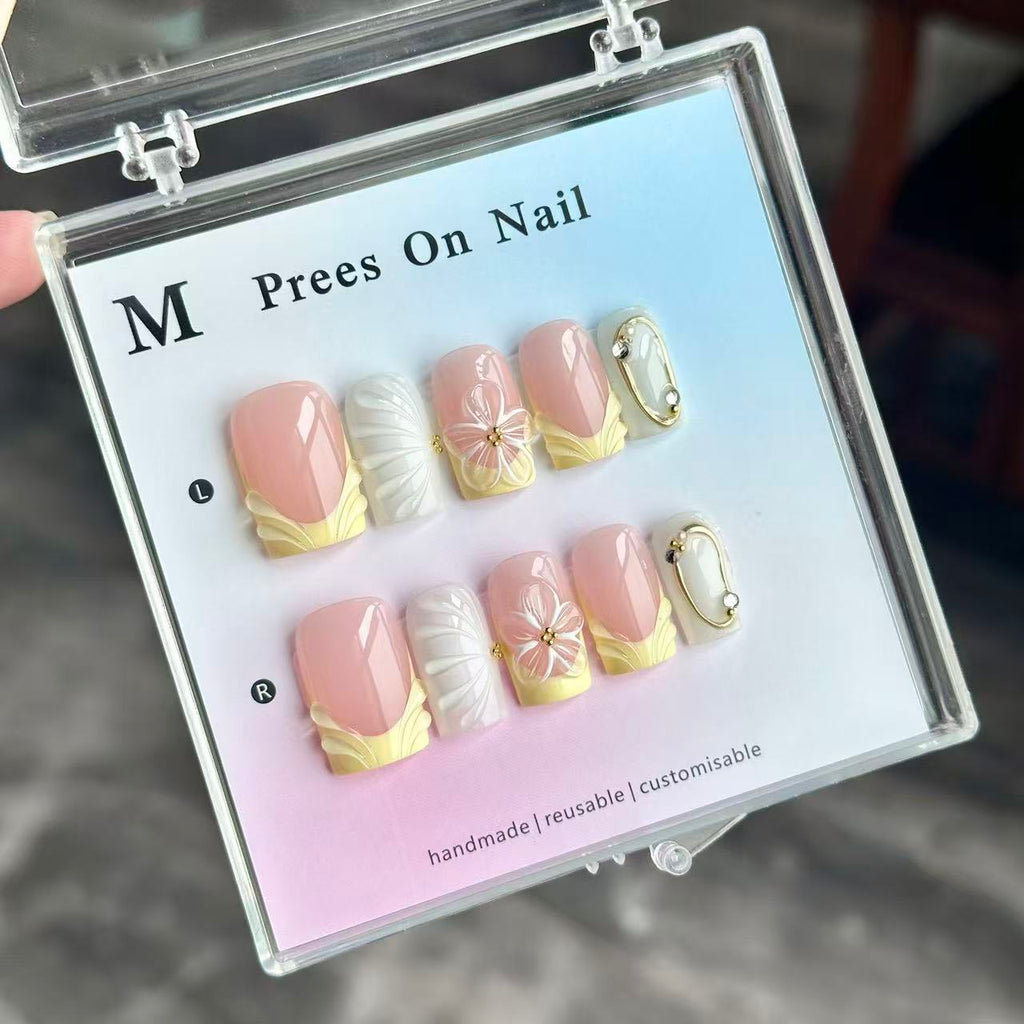 Handmade Pink Yellow French Press On Nails, 3D Flower Square Fake Nails, Gold Metal Frame Charm Reusable Glue On False Nails for Wedding\10PC