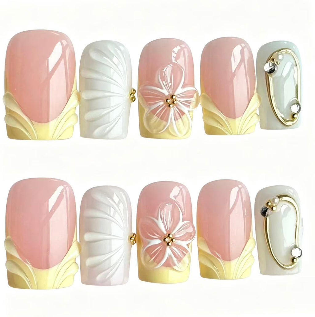 Handmade Pink Yellow French Press On Nails, 3D Flower Square Fake Nails, Gold Metal Frame Charm Reusable Glue On False Nails for Wedding\10PC