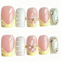 Handmade Pink Yellow French Press On Nails, 3D Flower Square Fake Nails, Gold Metal Frame Charm Reusable Glue On False Nails for Wedding\10PC