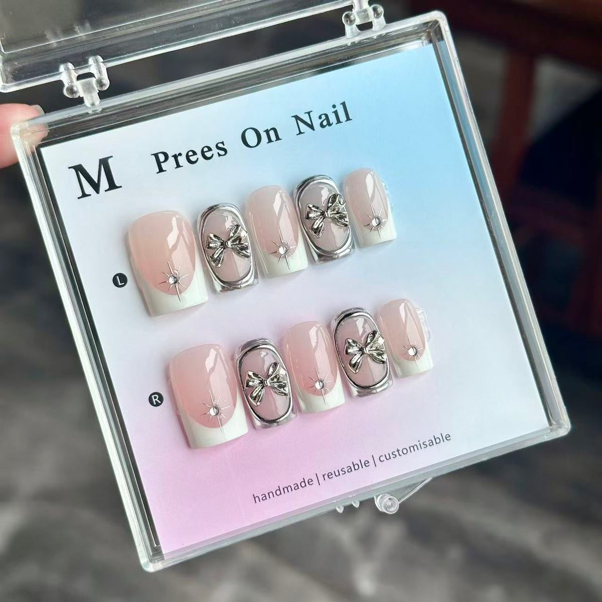 Handmade White French Press On Nails, Silver Bow & Star Rhinestone Square Fake Nails, Nude Pink Reusable Glue On False Nails for Party Daily\10PC