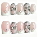 Handmade White French Press On Nails, Silver Bow & Star Rhinestone Square Fake Nails, Nude Pink Reusable Glue On False Nails for Party Daily\10PC