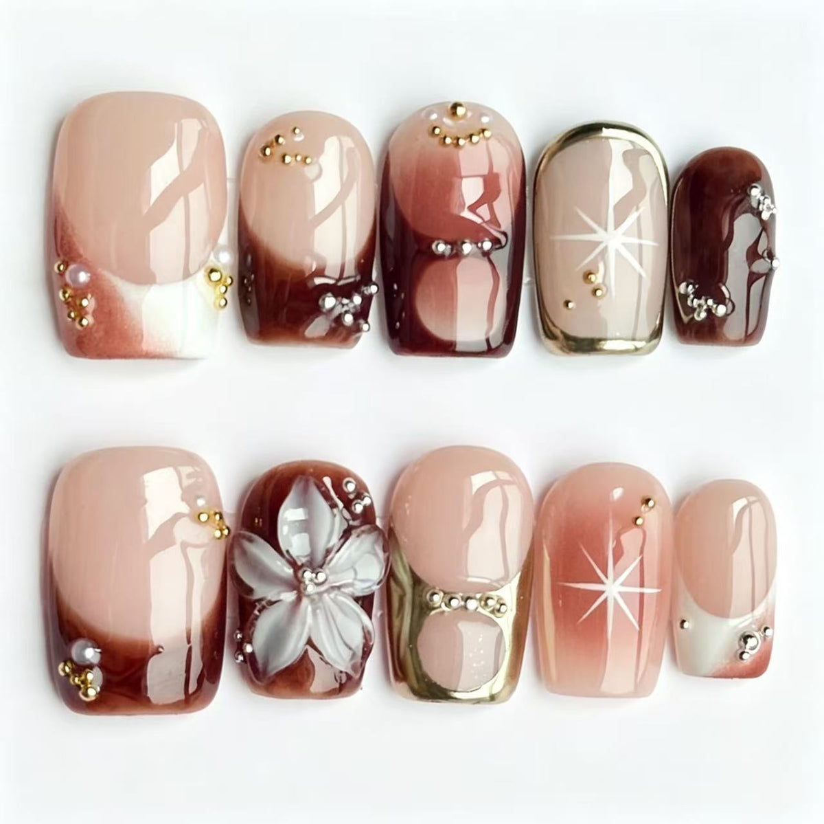 Handmade Brown Nude Gradient Press On Nails, 3D White Flower Square Fake Nails, Starburst Rhinestone & Gold Bead Reusable Glue On False Nails\10PC