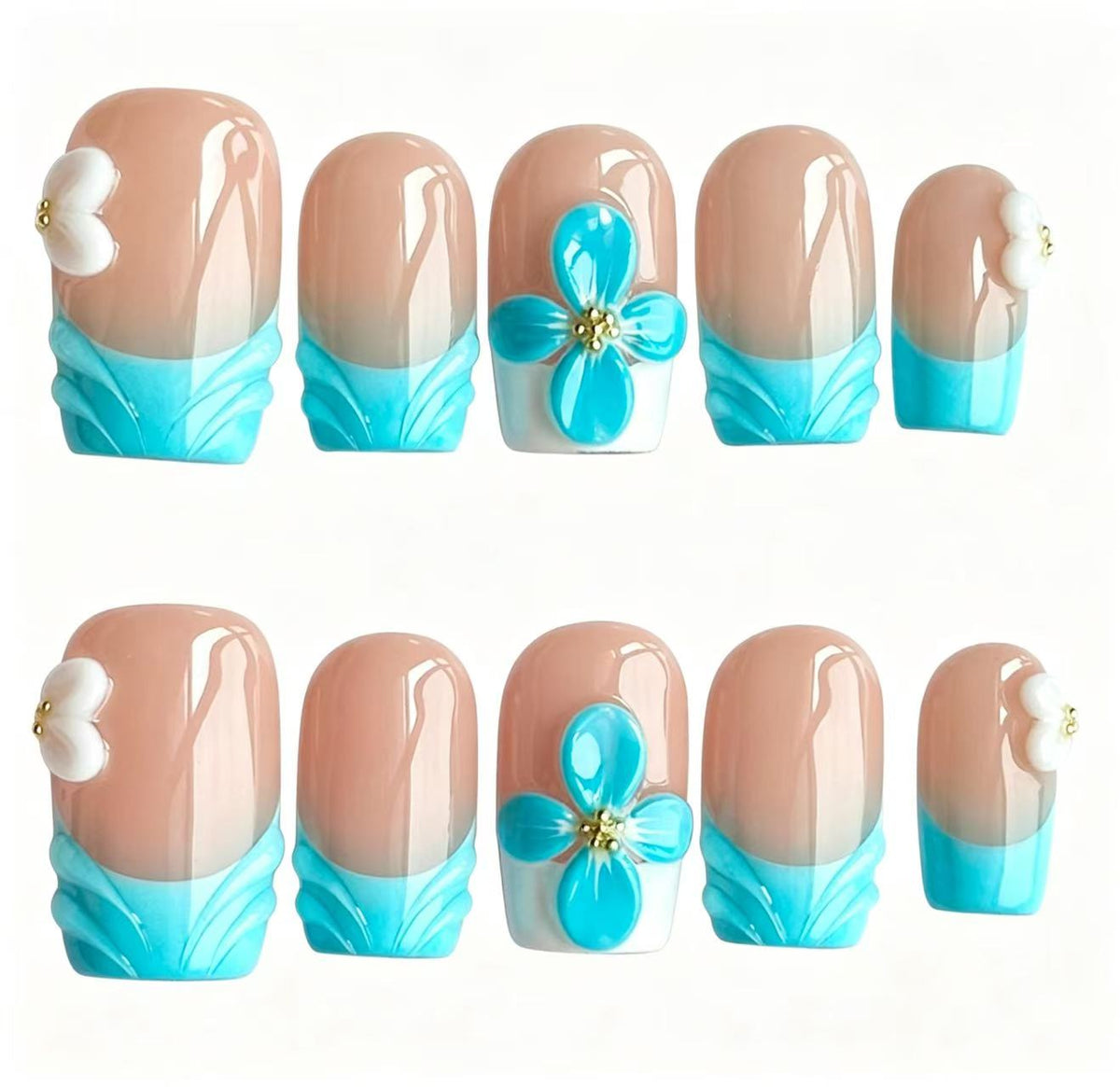 Handmade Turquoise French Press On Nails, 3D Blue & White Flower Square Fake Nails, Nude Base Reusable Glue On False Nails for Summer Vacation\10PC