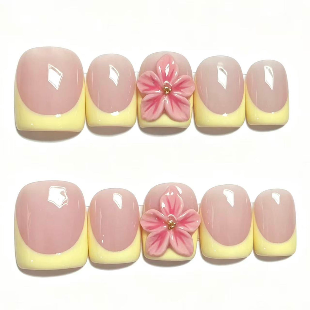 Handmade Yellow French Tip Press On Nails, 3D Pink Flower Square Fake Nails, Nude Base Reusable Glue On False Nails for Summer Holiday\10PC