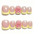 Handmade Yellow French Tip Press On Nails, 3D Pink Flower Square Fake Nails, Nude Base Reusable Glue On False Nails for Summer Holiday\10PC