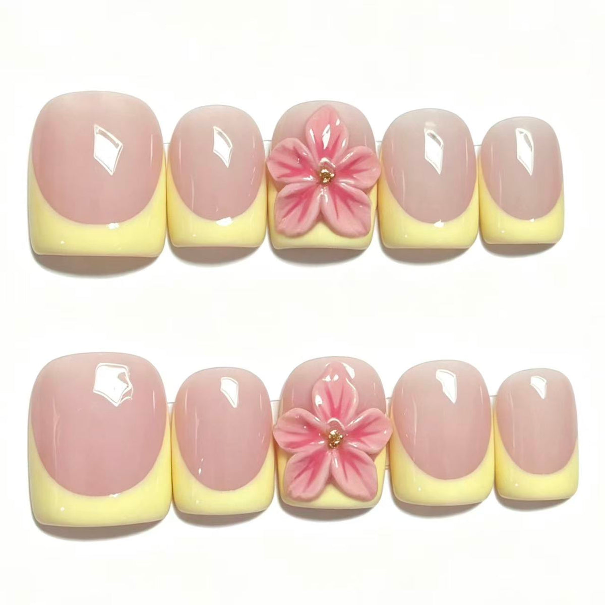 Handmade Yellow French Tip Press On Nails, 3D Pink Flower Square Fake Nails, Nude Base Reusable Glue On False Nails for Summer Holiday\10PC