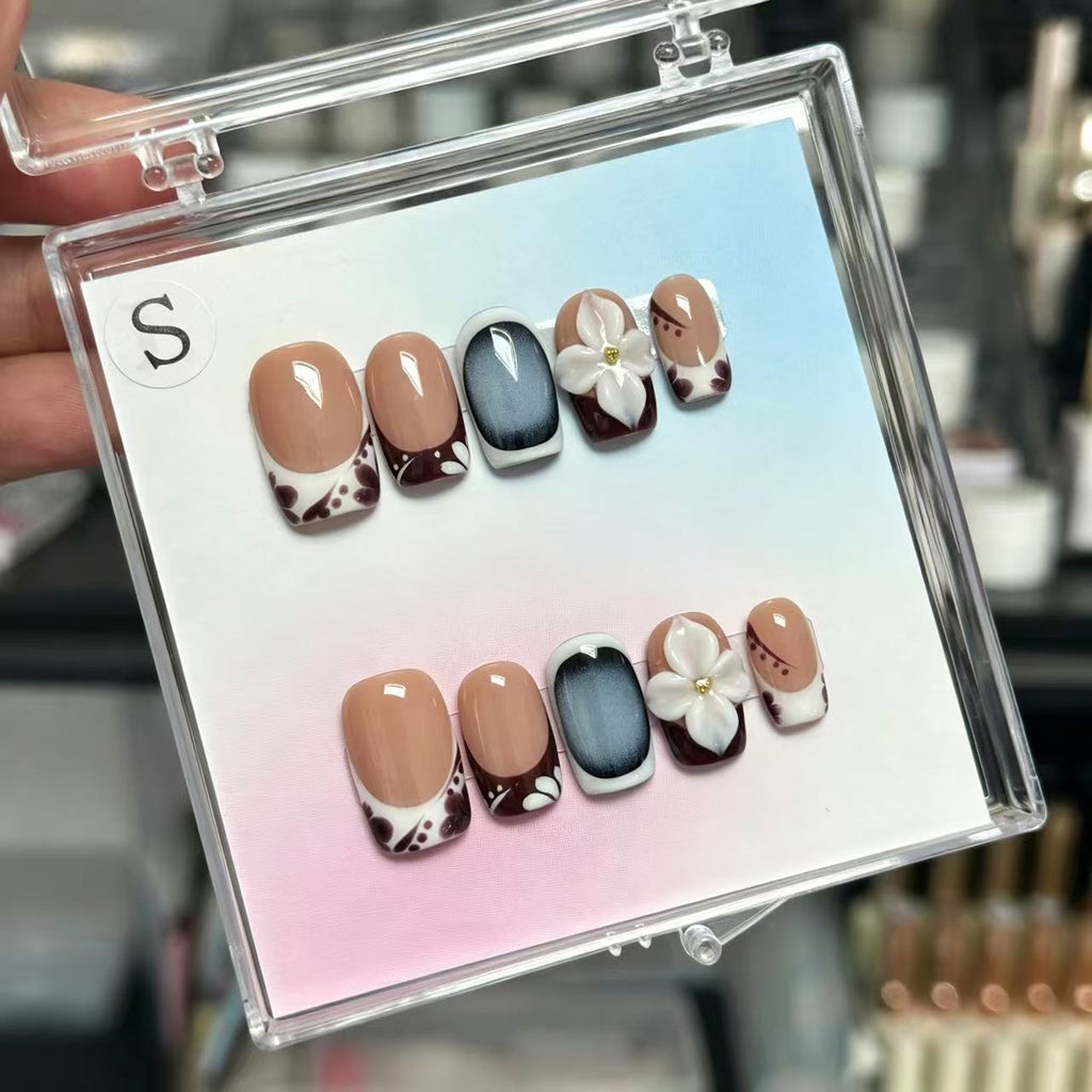 Handmade Brown Leopard Print Press On Nails, 3D White Flower Square Fake Nails, Nude Base Cat Eye Reusable Glue On False Nails For Autumn\10PC
