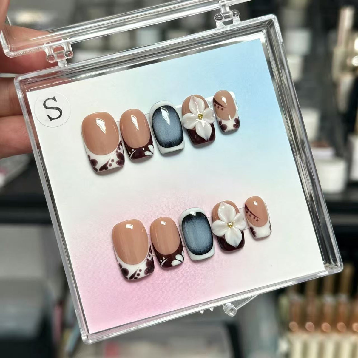 Handmade Brown Leopard Print Press On Nails, 3D White Flower Square Fake Nails, Nude Base Cat Eye Reusable Glue On False Nails For Autumn\10PC
