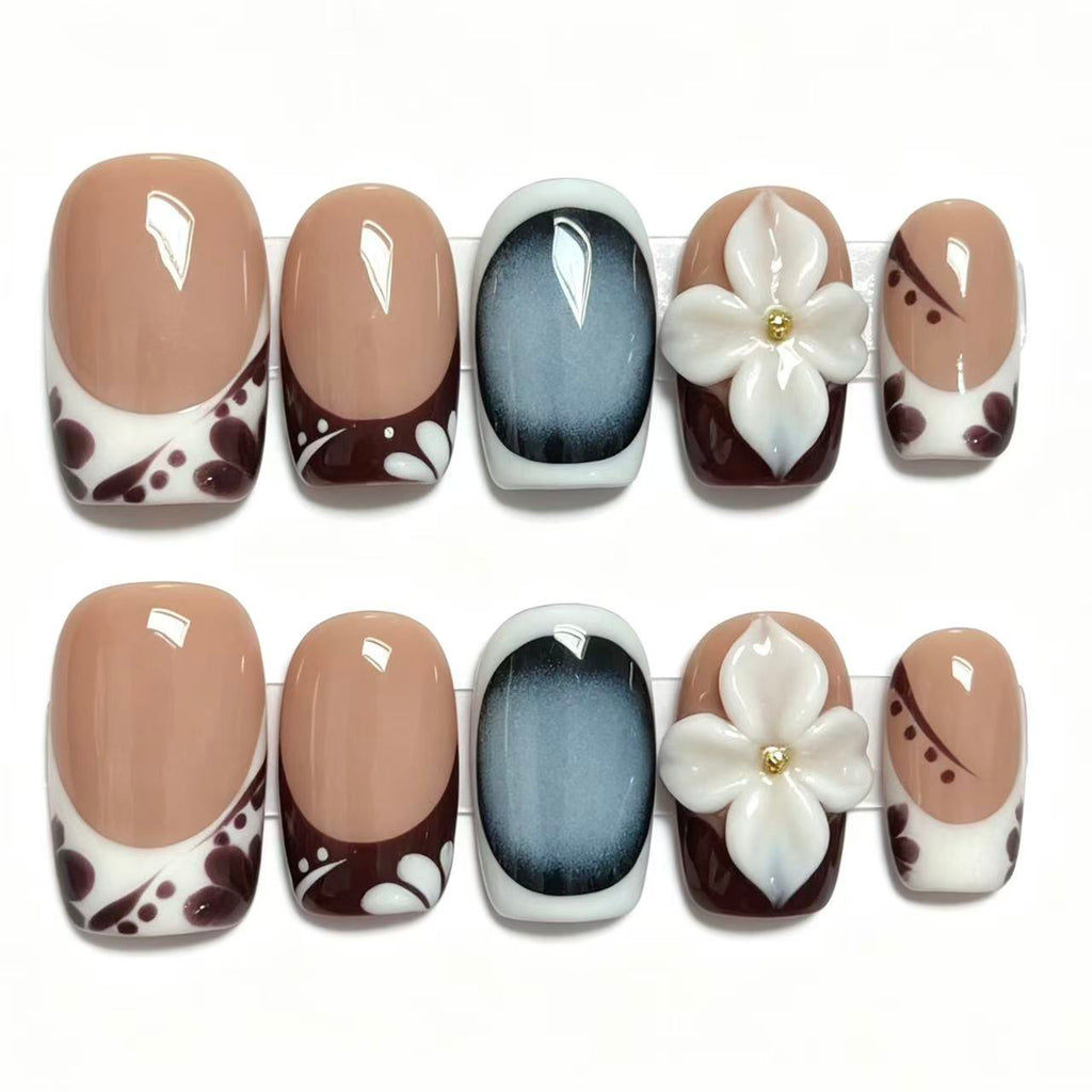 Handmade Brown Leopard Print Press On Nails, 3D White Flower Square Fake Nails, Nude Base Cat Eye Reusable Glue On False Nails For Autumn\10PC