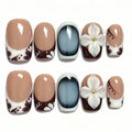 Handmade Brown Leopard Print Press On Nails, 3D White Flower Square Fake Nails, Nude Base Cat Eye Reusable Glue On False Nails For Autumn\10PC
