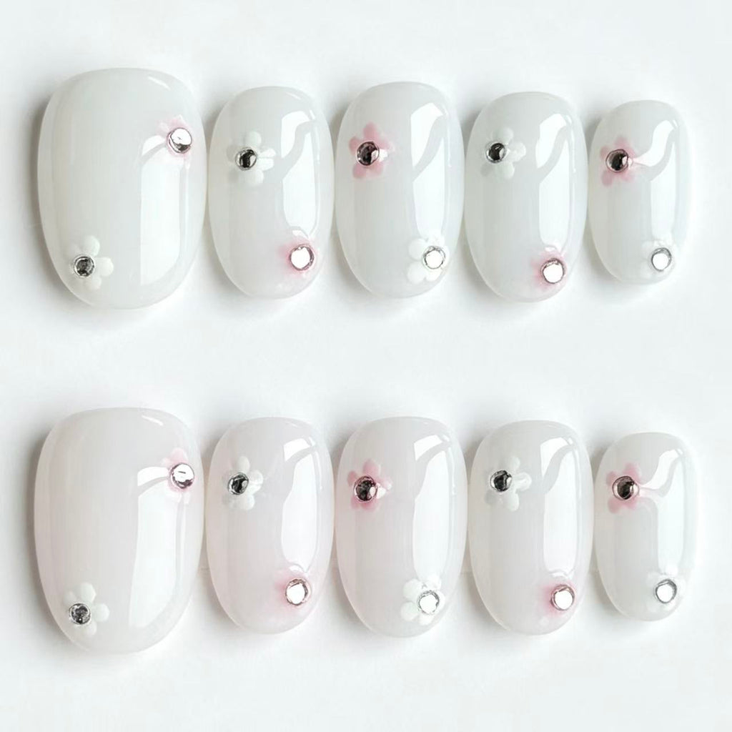 Handmade Milky White Press On Nails, Mini Pink White Flower with Rhinestone, Short Reusable Glue On False Nails for Daily Wear\10PC