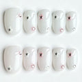 Handmade Milky White Press On Nails, Mini Pink White Flower with Rhinestone, Short Reusable Glue On False Nails for Daily Wear\10PC