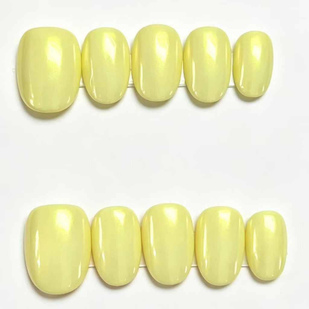 Handmade Light Yellow Aurora Cat Eye Press On Nails, Short Solid Color Reusable Glue On False Nails, Summer Simple Fake Nails\10PC