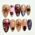 Handmade Almond Press On Nails, Retro Leopard Star 3D Charm Design, Pink Purple Brown Mix Color, Luxury Rhinestone Reusable False Nails\10PC