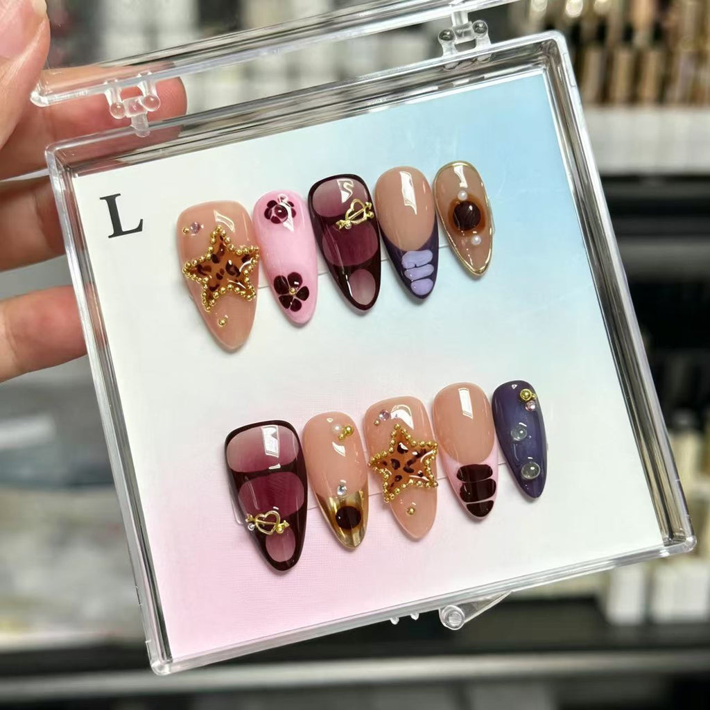 Handmade Almond Press On Nails, Retro Leopard Star 3D Charm Design, Pink Purple Brown Mix Color, Luxury Rhinestone Reusable False Nails\10PC