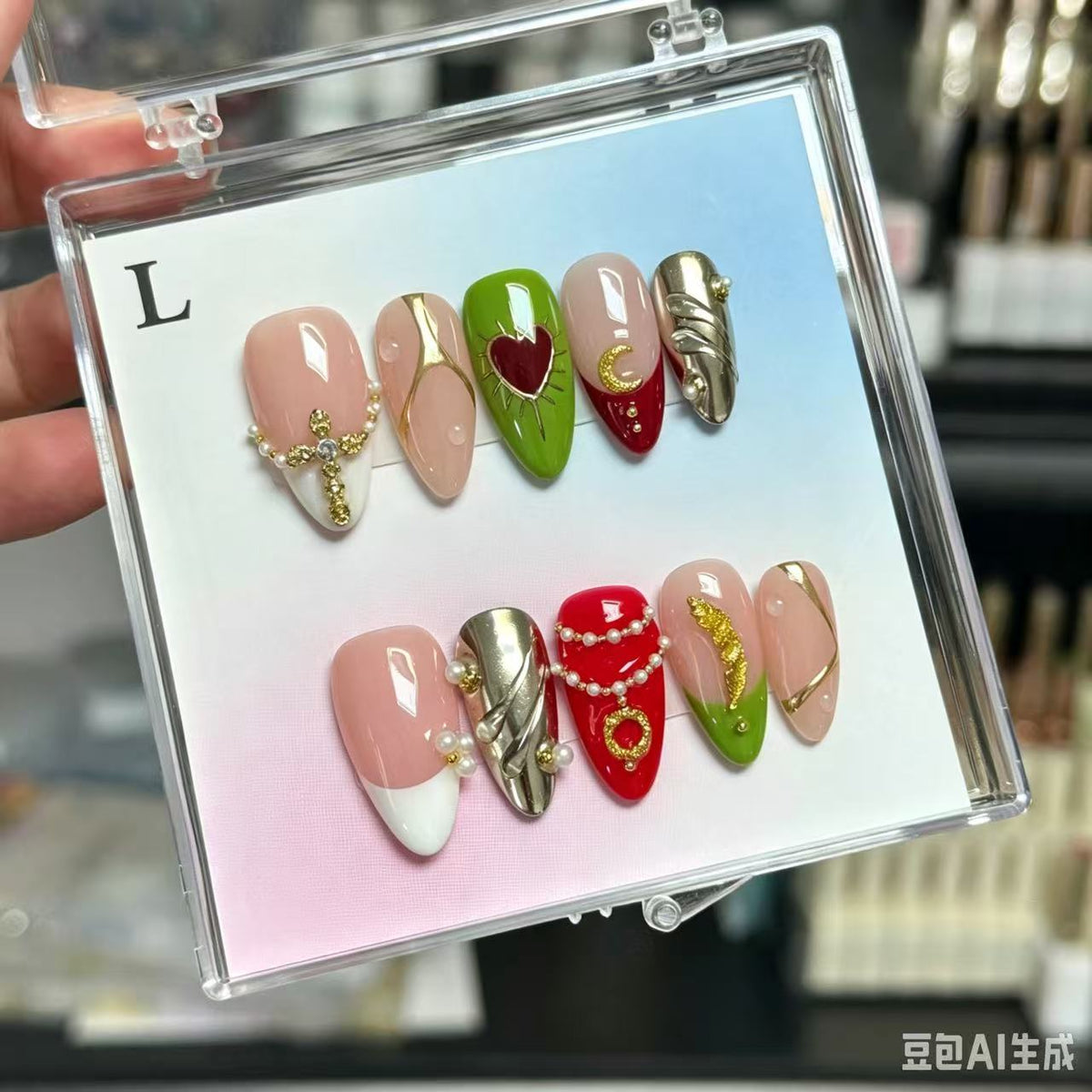 Handmade Almond Press On Nails, Y2K Vintage Style, 3D Metal Heart & Cross Charms, Pearl Chain Gold Foil, Multicolor Luxury Reusable False Nails\10PC