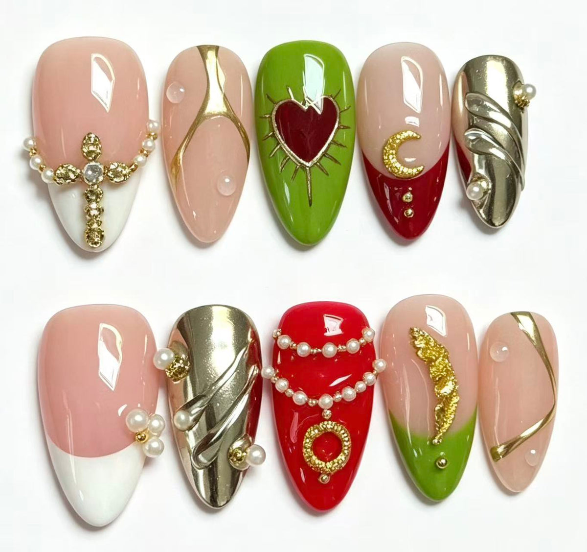 Handmade Almond Press On Nails, Y2K Vintage Style, 3D Metal Heart & Cross Charms, Pearl Chain Gold Foil, Multicolor Luxury Reusable False Nails\10PC